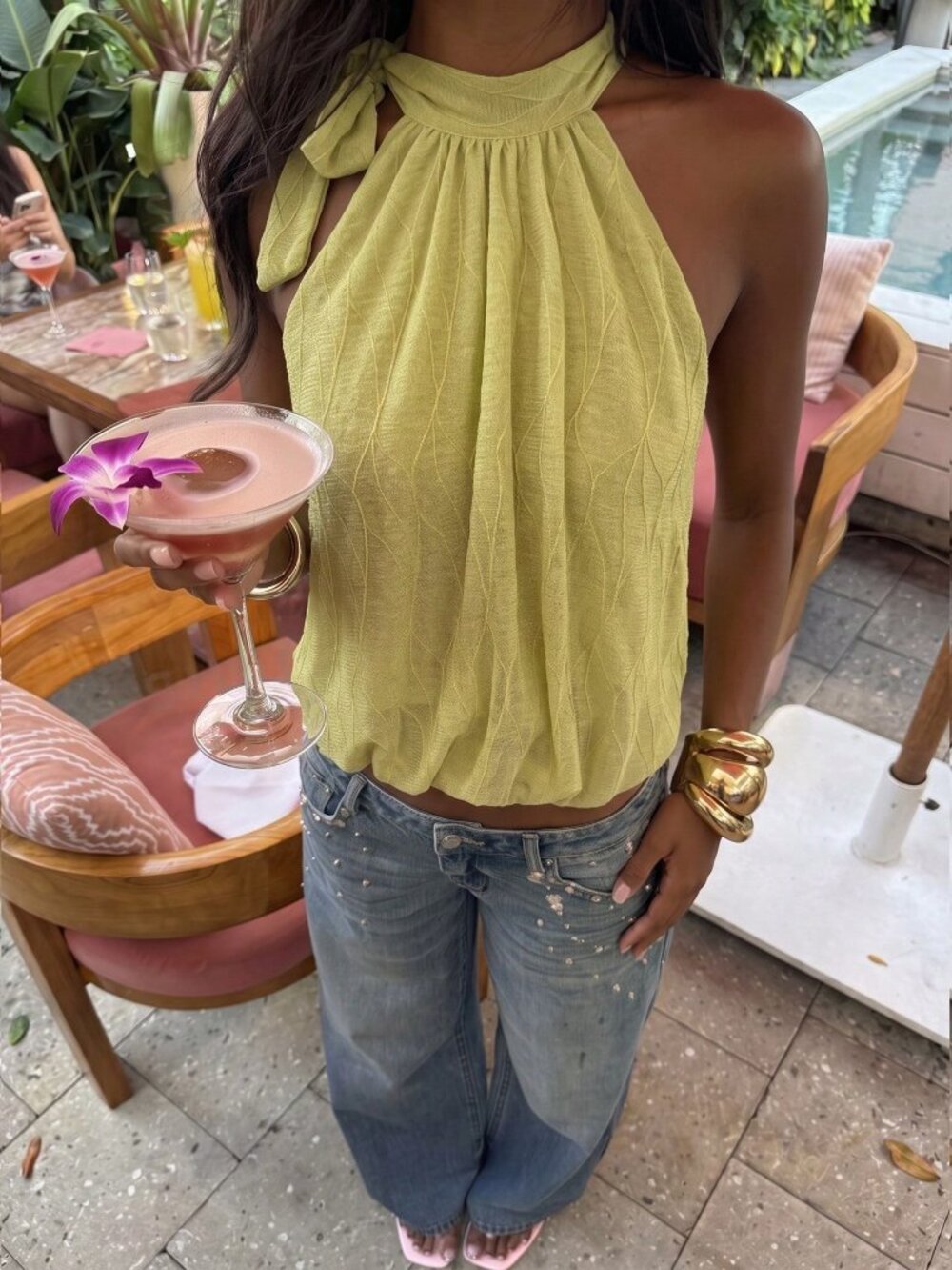 Green Casual Women's Halter Neck Side Tie Knot Loose Cropped Cami Top